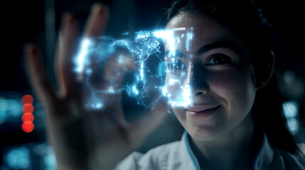 Young woman with holographic interface touching virtual digital in futuristic night scene technology glow blue