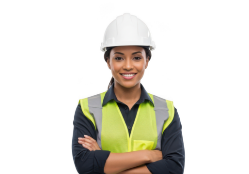 Woman construction worker with hard hat and safety vest isolated on transparent background