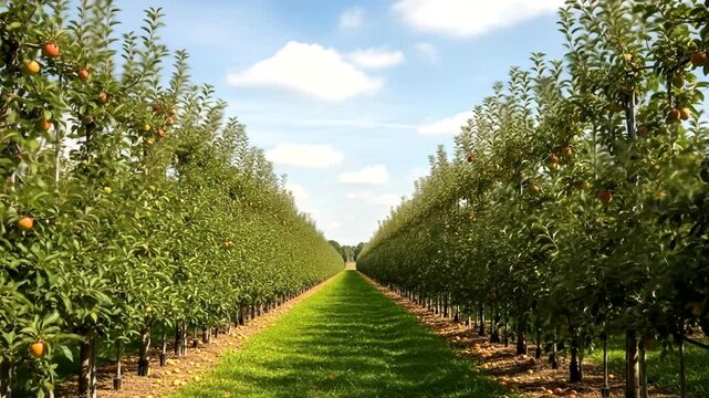 Lush apple orchard with rows of trees bearing ripe fruit under a bright blue sky