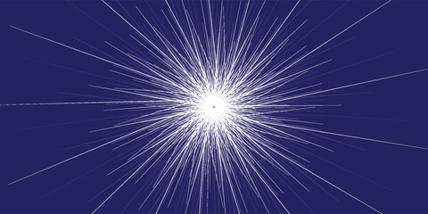 Fototapeta premium White radial lines on blue as manga speed vector bg. Comic book explosion effect. Anime explosion background. Fast motion in perspective. Radial explosion. Center focus.