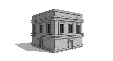 A monochrome architectural rendering of an ancient square stone building with classical columns. © Rizal