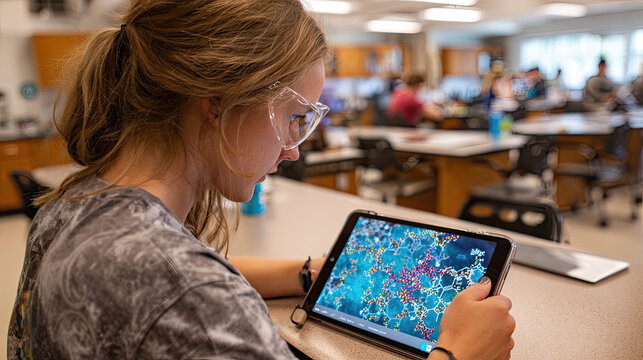 Teenager studying molecular structure using digital tablet in science class