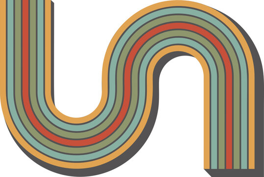 Abstract rainbow shape. Retro 70s graphic for poster with wavy stripe. Creative simple curved element.