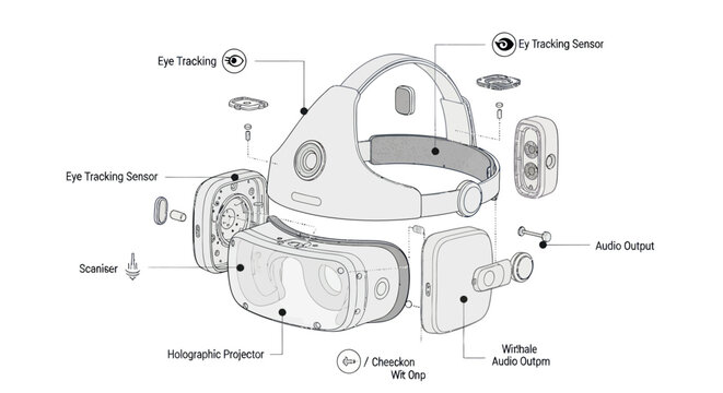 An exploded view technical drawing of a virtual reality headset with labeled components like sensors and lenses.