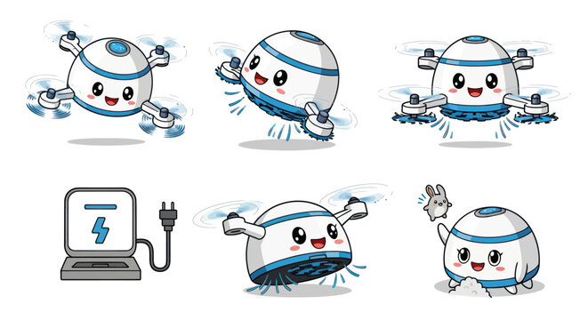Cute drone robot character mascot set with various poses and a charging station.
