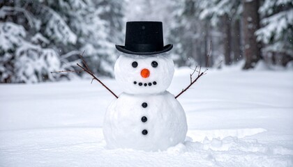 Obraz premium Classic snowman with top hat, carrot nose, and stick arms in snowy outdoor landscape