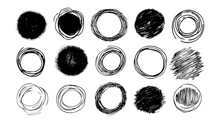 Set of hand-drawn black circles and ovals brush sketch on white background. © Pickoloh