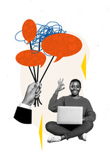 Creative 3d artwork banner collage of happy girl hold laptop show okat gesture air balloon bubble...