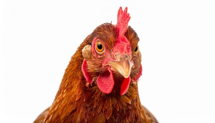 Close-up of reddish-brown chicken head with red comb and wattles on white background