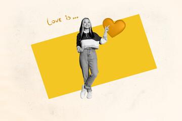 Zine trendy art banner creative collage of happy girl guy receive like reaction popular blog concept valentine day donation