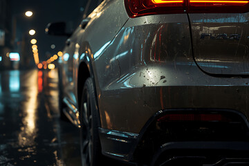 Fototapeta premium Sleek Car Glistening in Rain on City Street at Night