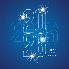 Happy New Year 2026 line light blue and white shining typography crossover with sparkle firework on blue isolated background icon logo