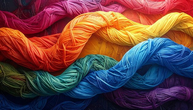 A close-up, vibrant image features waves of colorful yarn strands creating a textured, intertwined design