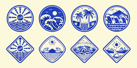 Collection of eight blue and white retro style ocean and tropical island themed emblems