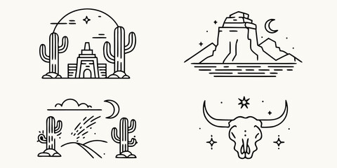 Set of southwestern desert landscape icons featuring cacti mountains moon stars and a bull skull