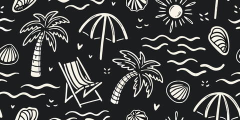 Whimsical hand drawn tropical beach vacation pattern with palm trees and sun