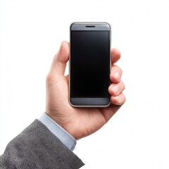 A hand holding a sleek, modern smartphone with a blank screen, perfect for showcasing your app or design. The hand is dressed in a business suit, suggesting professional use.