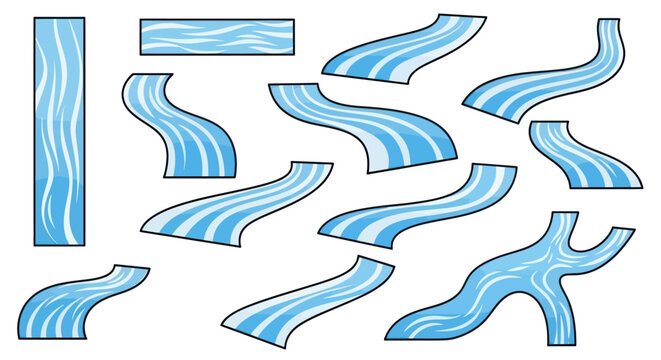 Collection of stylized blue river stream illustrations with white highlights and black outlines.