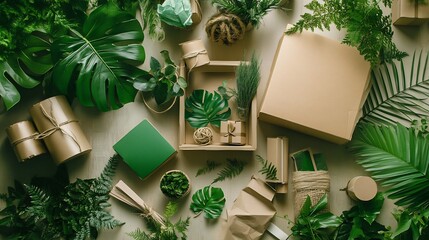 Packaging machine on an eco friendly Earth Day production line using biodegradable wraps and earthy designs surrounded by green plants and sustainable materials