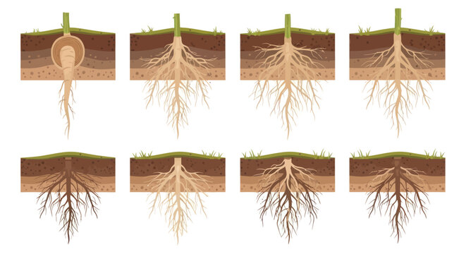 Diverse Plant Root Systems: Taproots Fibrous and Adventitious Structures in Soil.