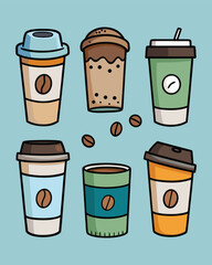 Various coffee cups with coffee beans on a blue background, a delightful illustration style