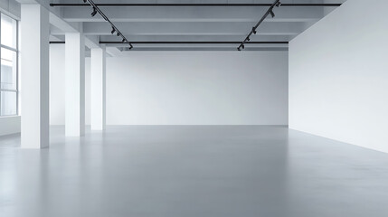 Minimalist white gallery space with track lighting, columns, and polished concrete floor; ideal for showcasing art or events in a clean, modern environment.