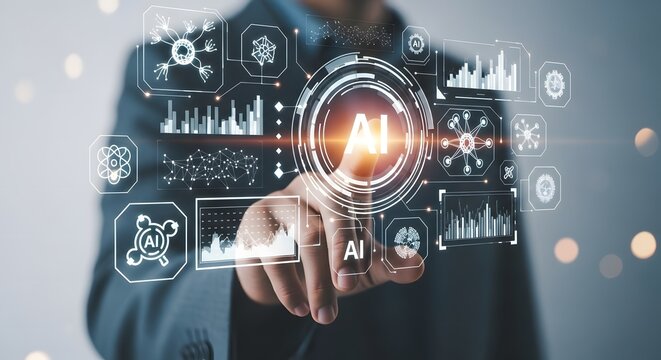Futuristic Hand Pointing at Holographic AI Interface &ndash; Photorealistic Sci-Fi Technology Concept Art