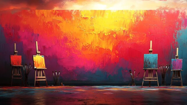 Painting themed retirement card with easels paintbrushes and vibrant colors splashed across the background