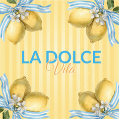 Watercolor lemon with blue ribbon illustration