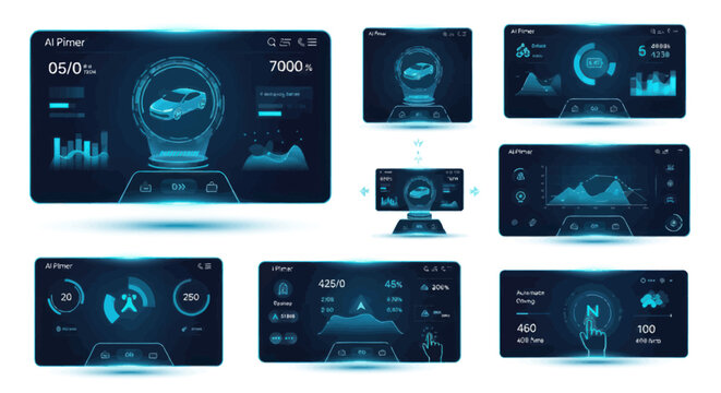 Set of futuristic heads-up display UI elements and digital dashboards with glowing blue data graphics.