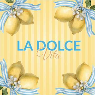 Watercolor lemon with blue ribbon illustration