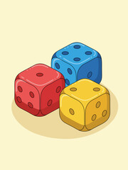 Isometric dice in red, yellow, and blue illustration