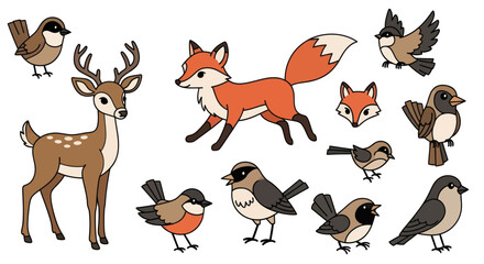 Charming cartoon woodland animals including a deer fox and various birds. © Rizal