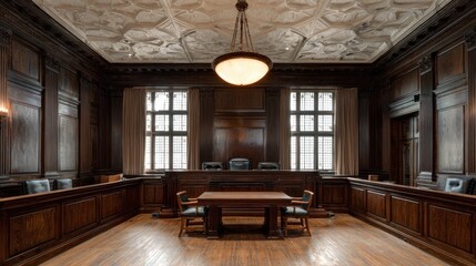 Ornate courtroom interior dark wood paneling, chairs, and patterned ceiling with fixture