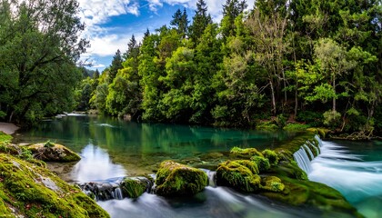 Serene Mountain River Flowing Through Lush Forest.