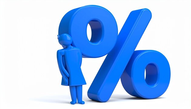 Blue percentage symbol with female figure on white background