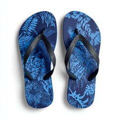 Stylish blue flip-flops with a tropical floral design, ideal for the beach or summer wear. The intricate pattern and vibrant color scheme make them a perfect accessory for sunny days.