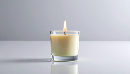 Lit white candle in glass on reflective surface