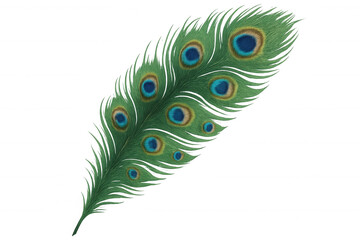 Obraz premium Peacock feather isolated on solid background, bird plumage showing iridescent green and blue eye and elegant pattern