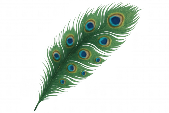 Peacock feather isolated on solid background, bird plumage showing iridescent green and blue eye and elegant pattern