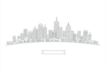 Fototapeta premium Simple line drawing of a city skyline with houses and trees urban landscape buildings