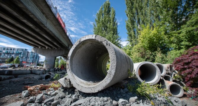 Concrete pipes under a bridge - Powered by Adobe