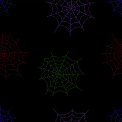 Seamless pattern with colorful spiderwebs and spiders on black background. Fun, spooky, and modern Halloween design. Vector Helloween seamless pattern.