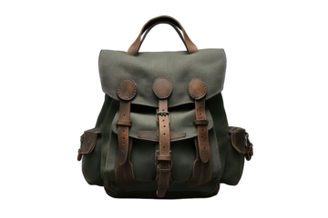 Green canvas backpack with leather straps and details against black