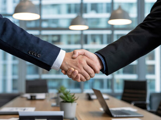 Professional business handshake in modern office building, partnership agreement and corporate success concept, businessmen shaking hands for teamwork and cooperation