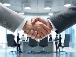 Professional business handshake in modern office building, partnership agreement and corporate success concept, businessmen shaking hands for teamwork and cooperation