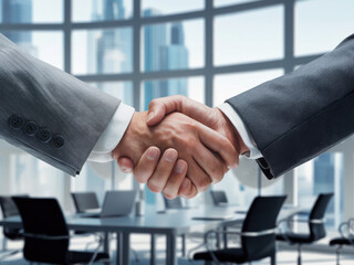 Professional business handshake in modern office building, partnership agreement and corporate success concept, businessmen shaking hands for teamwork and cooperation