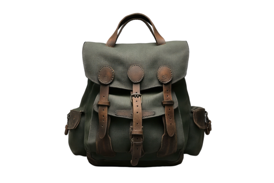 Green canvas backpack with leather straps and details against black
