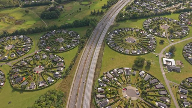 Aerial panorama: Brondby Haveby ring villages set in lush green space.