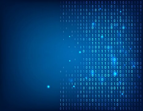 A digital backdrop features a gradient blue background. Binary code cascades down the right with small, glowing particles